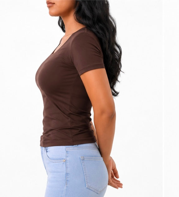 Brown Short Sleeve - Low neck cut