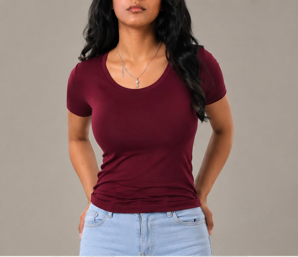 Burgundy Short Sleeve - Low neck cut