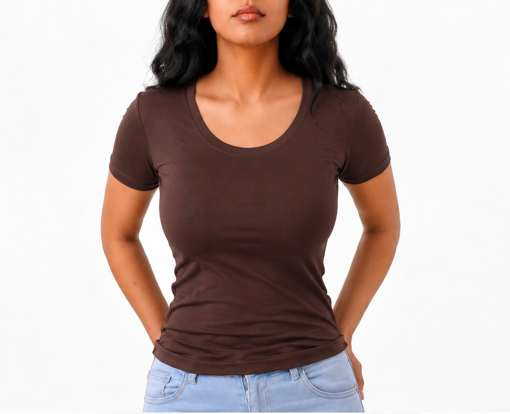 Brown Short Sleeve - Low neck cut