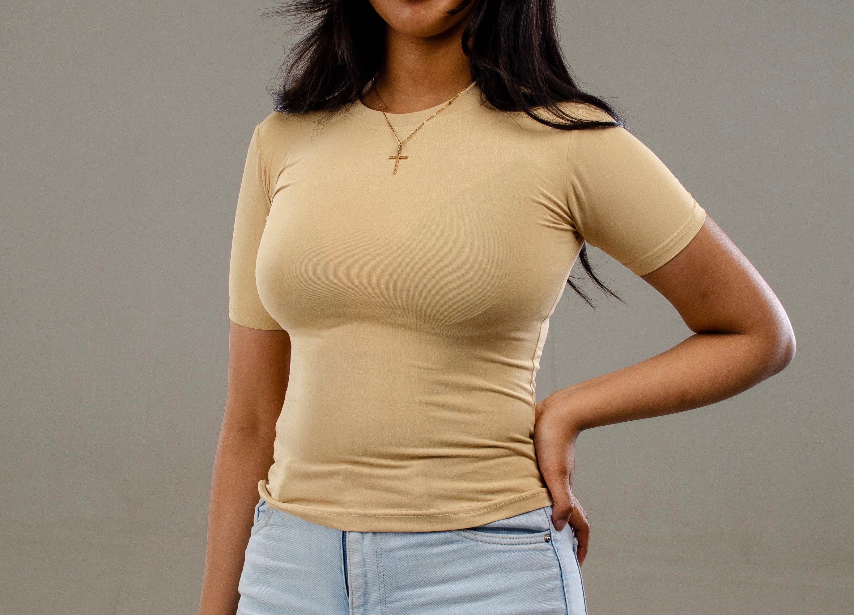 Warm Beige - Short Sleeve (50% Polyester & Cotton) O neck