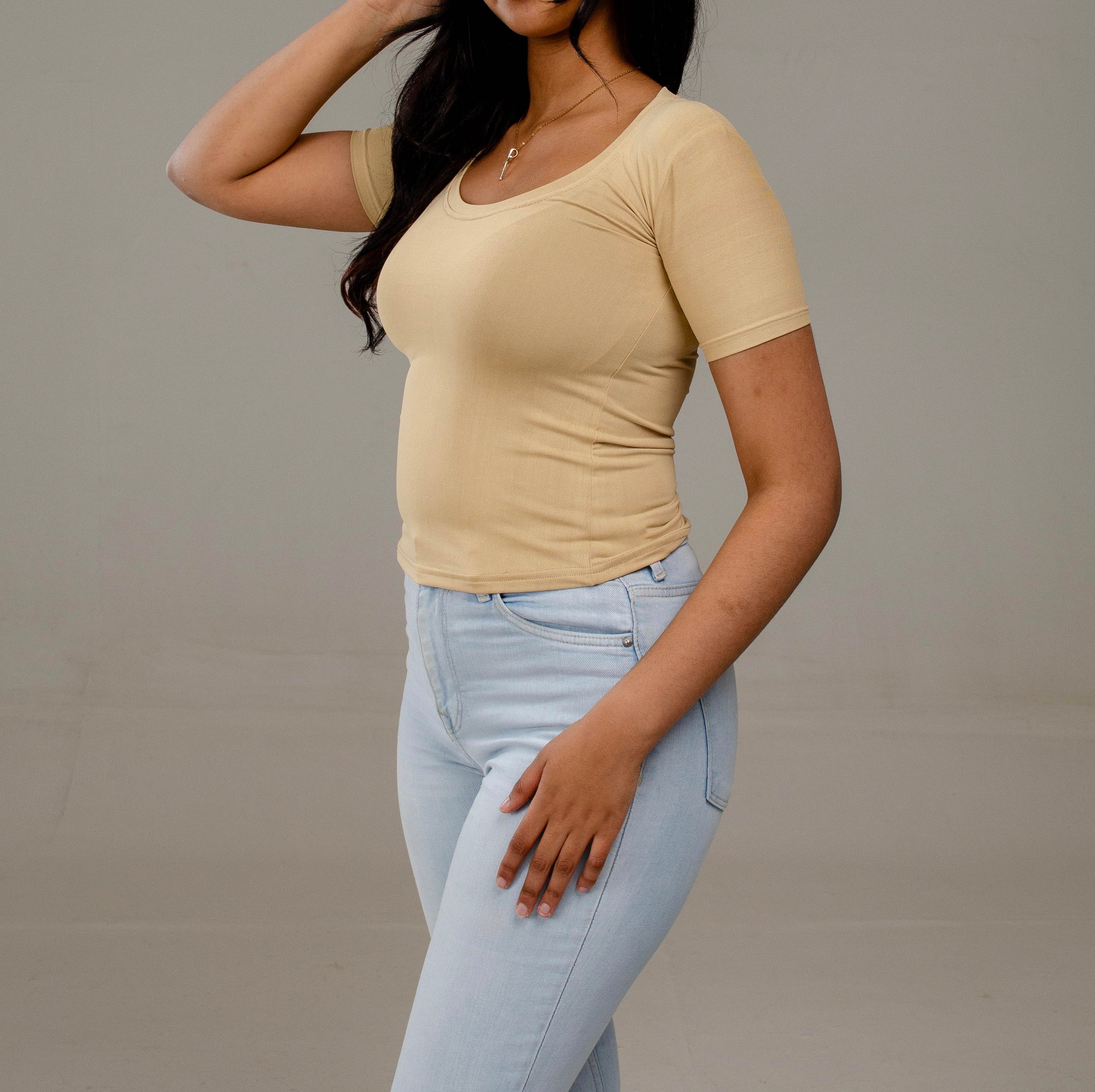 Warm Beige - Short Sleeve (50% Polyester & Cotton) Low Cut