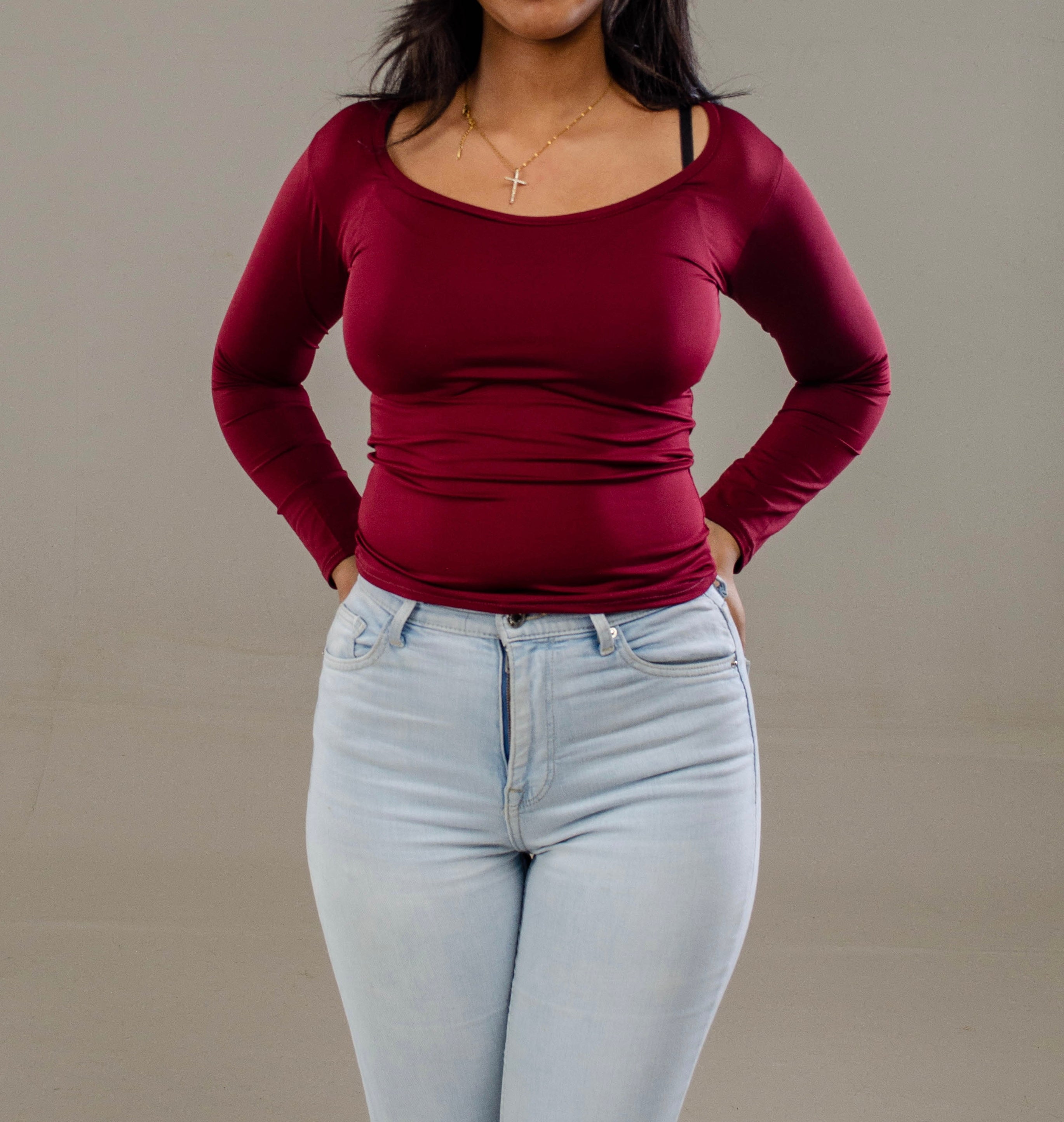 Burgundy Full Sleeve - Low neck cut