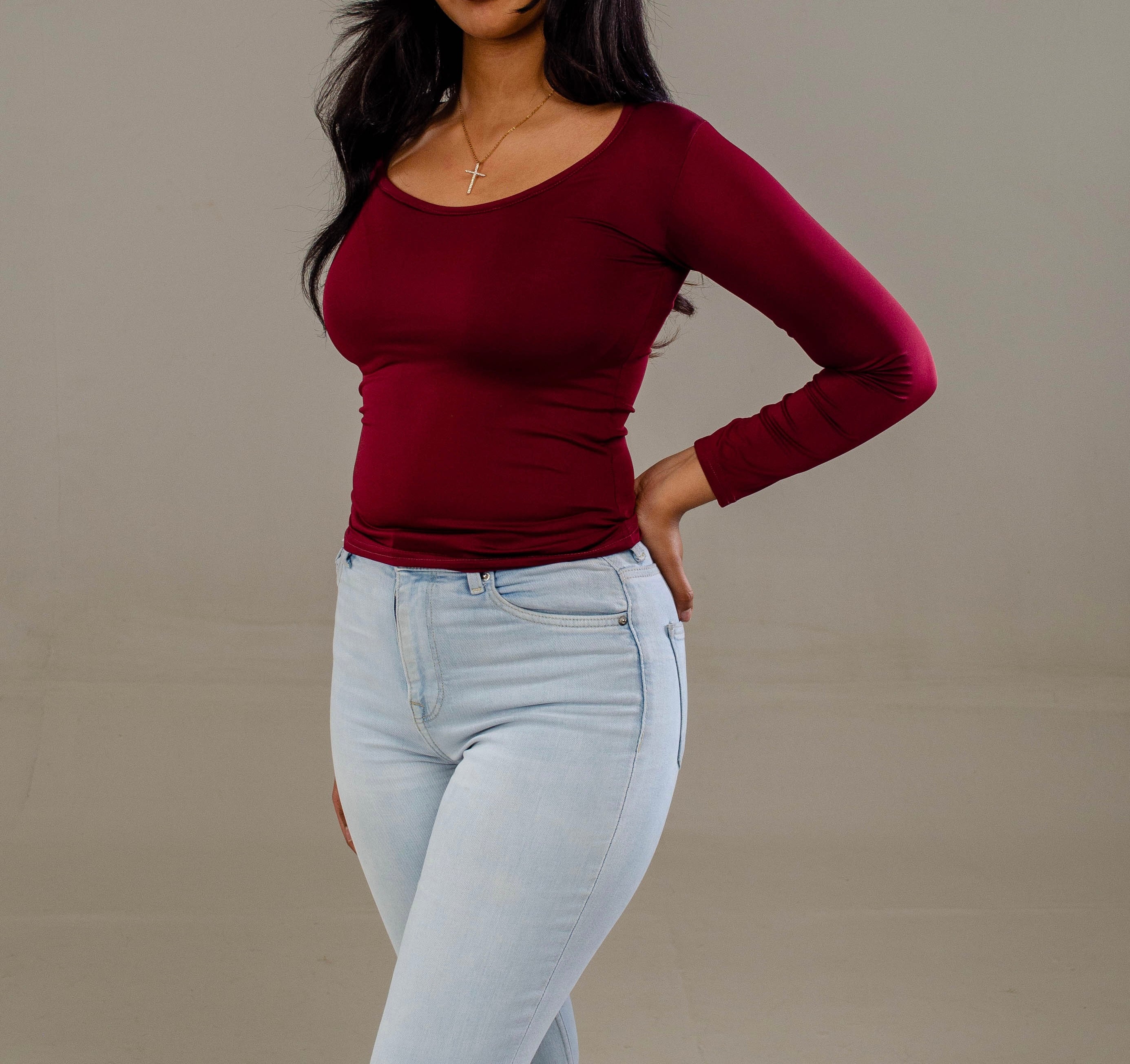 Burgundy Full Sleeve - Low neck cut