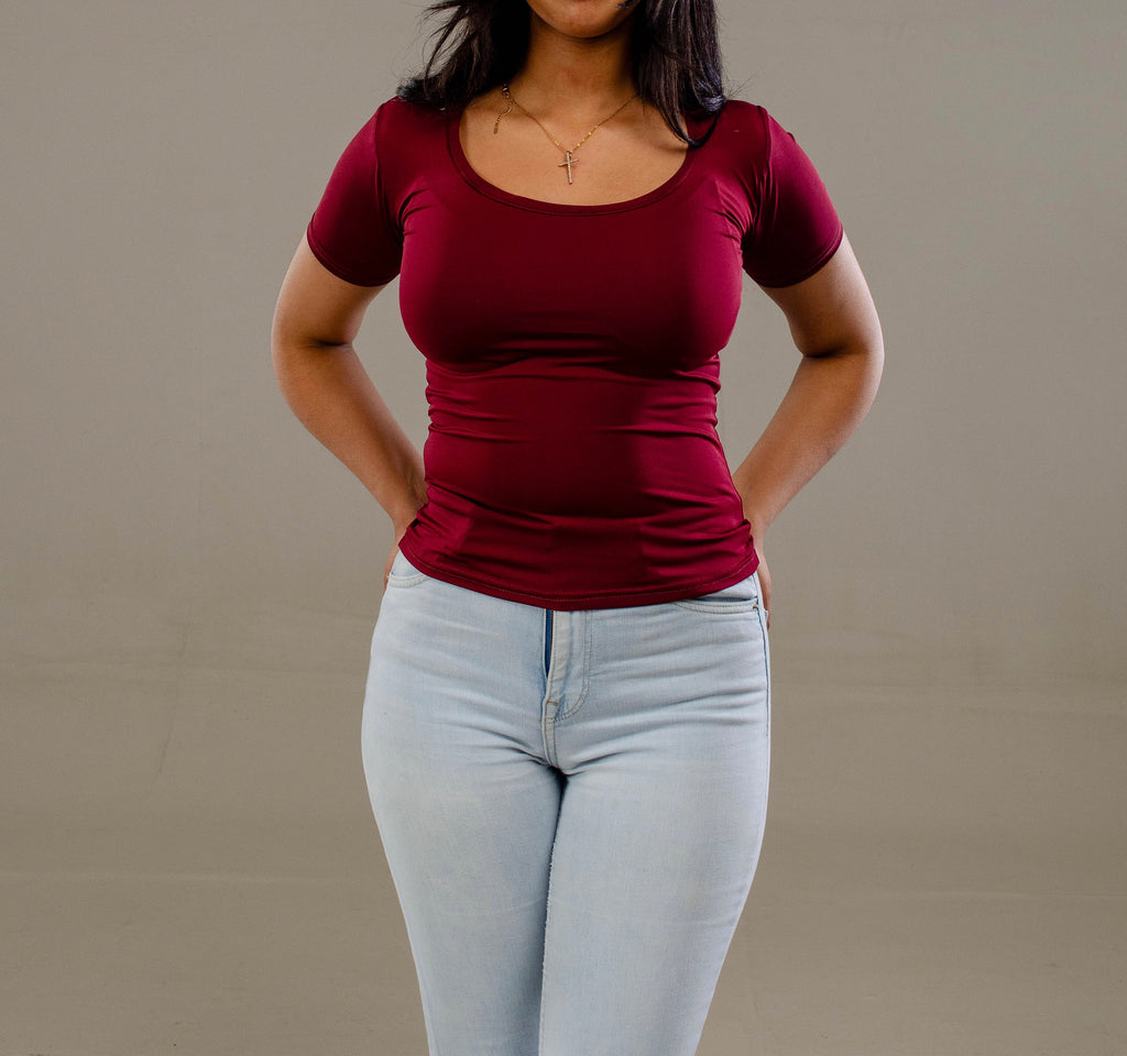 Burgundy Short Sleeve - Low neck cut