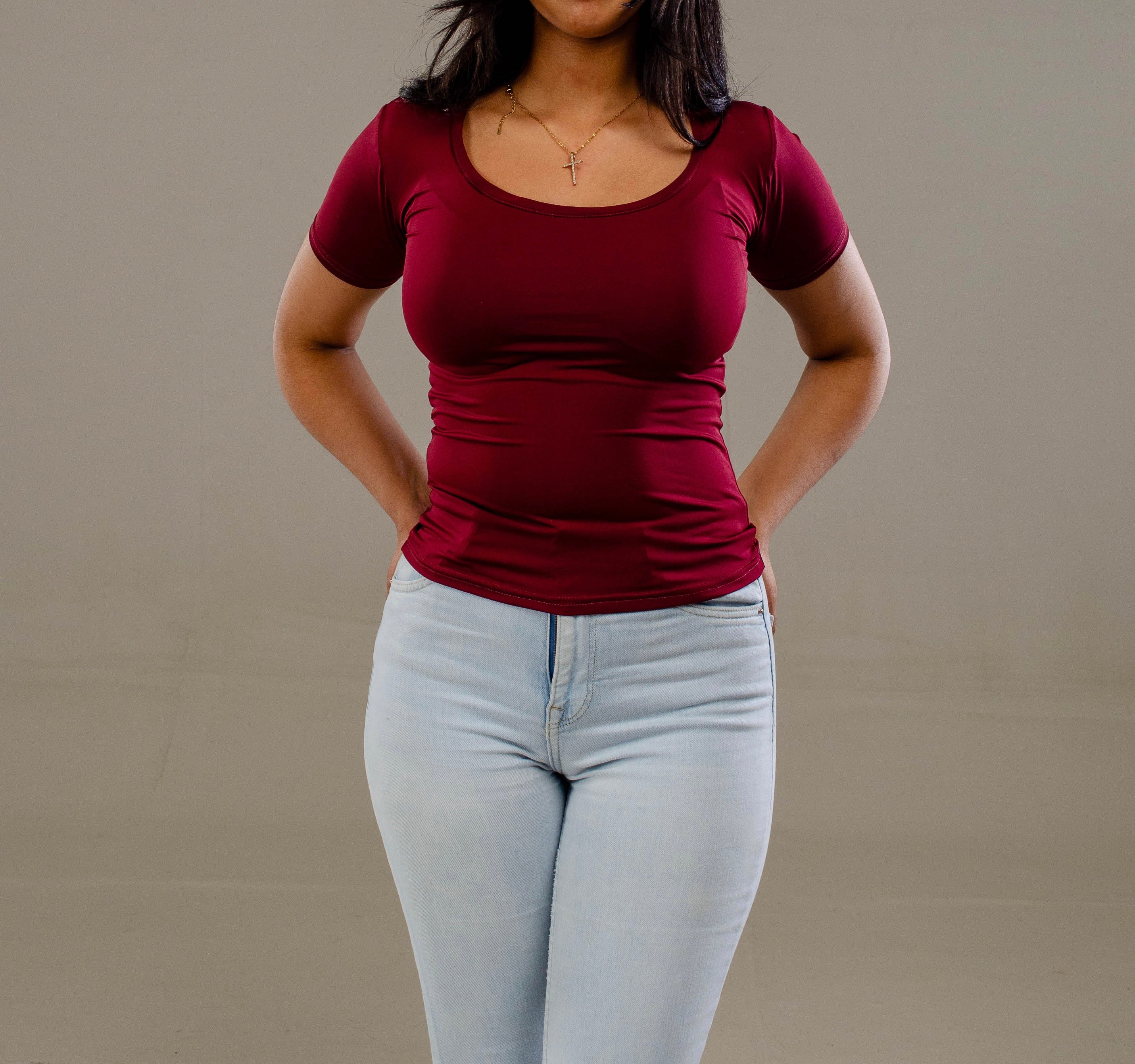 Burgundy Short Sleeve - Low neck cut