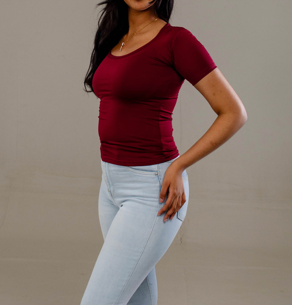 Burgundy Short Sleeve - Low neck cut
